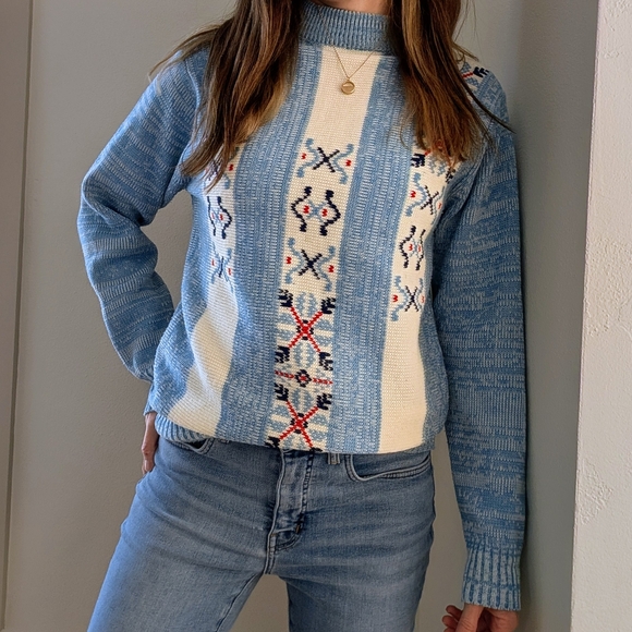Vintage Sweaters - Vintage Nordic Ski Abstract Marled Crewneck Sweater In Light Blue/Ivory